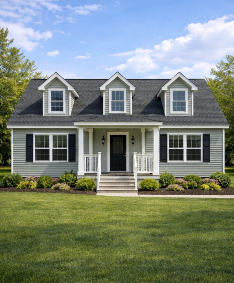 Cape Cod modular home exterior with dormers and covered front entry in Western New York
