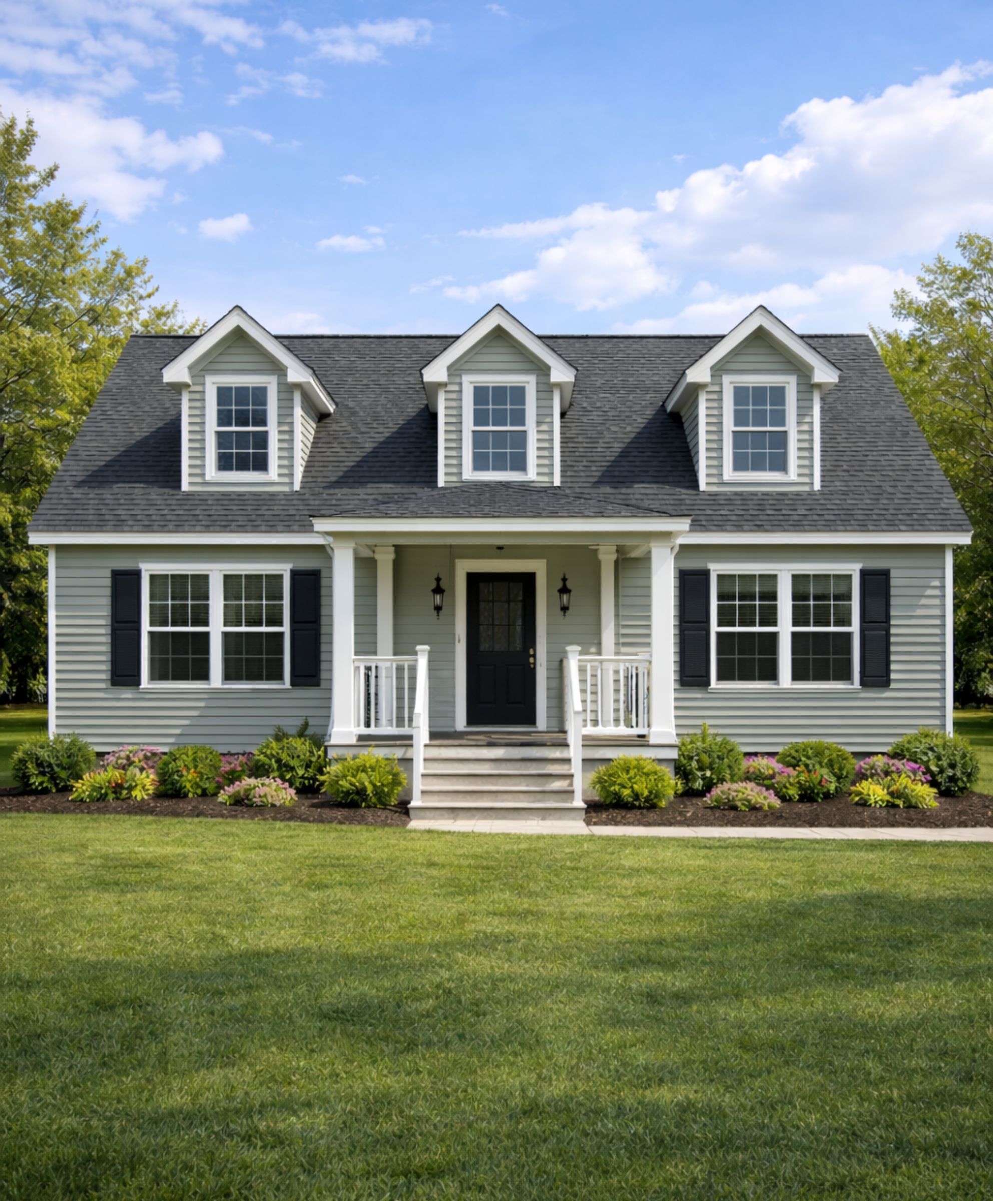 Cape Cod modular home exterior with dormers and covered front entry in Western New York