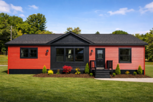 Modern red and black ranch modular home exterior with black trim in Western New York
