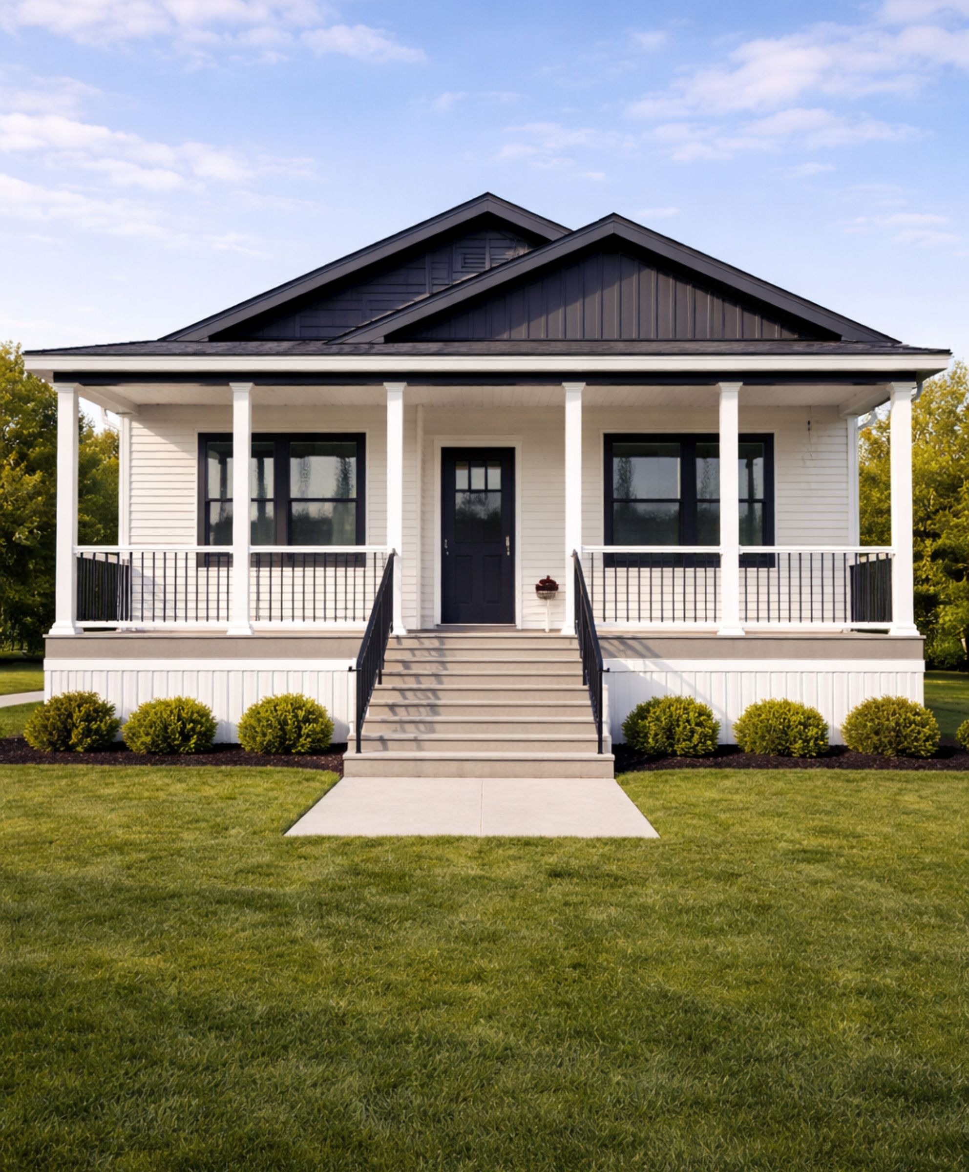 White modular home with covered front porch and white columns in Western New York