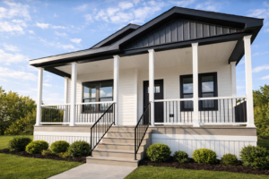 White modular home with covered front porch and white columns in Western New York