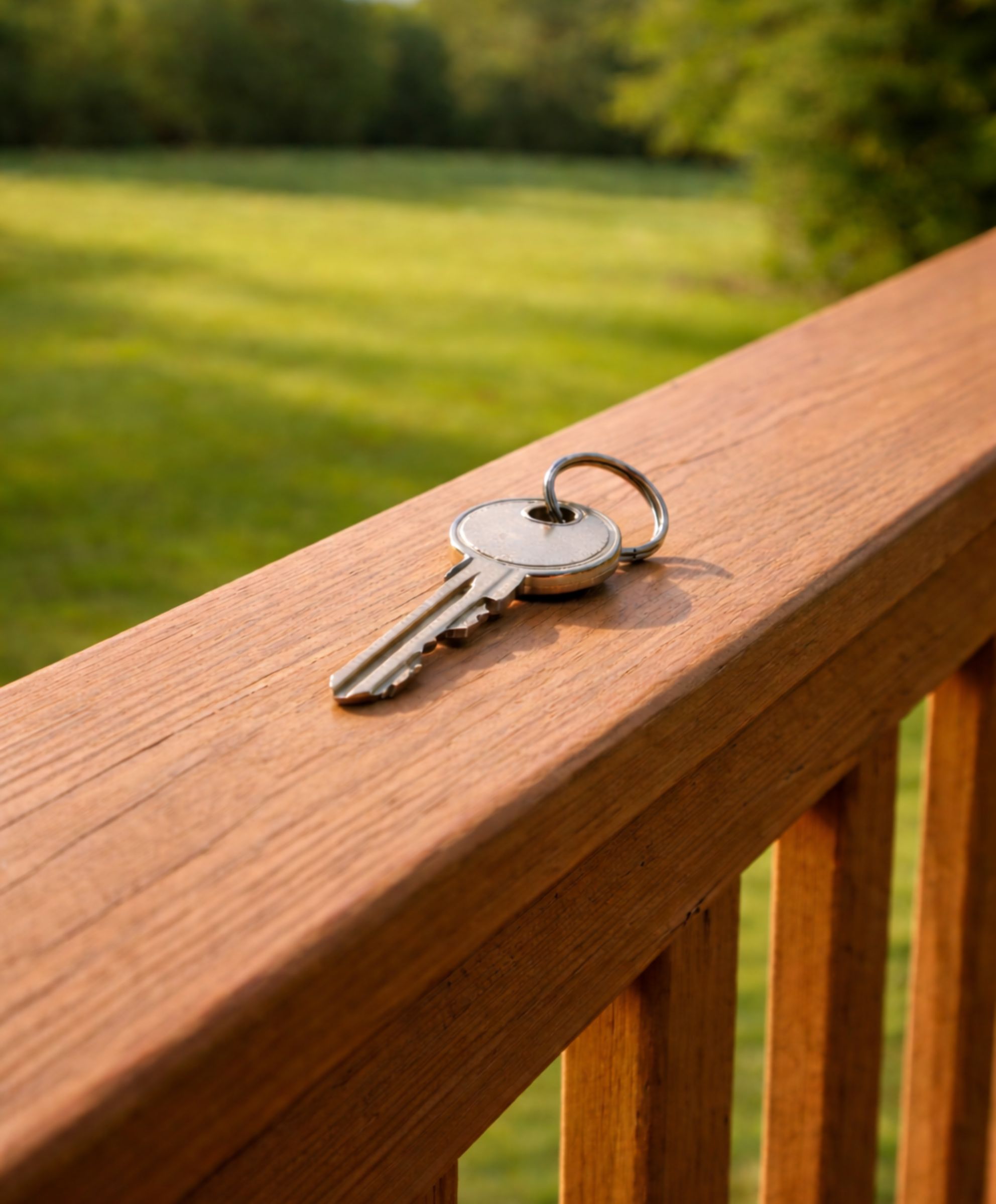 House key resting on wood porch railing overlooking green lawn representing new modular home ownership in Northwestern Pennsylvania
