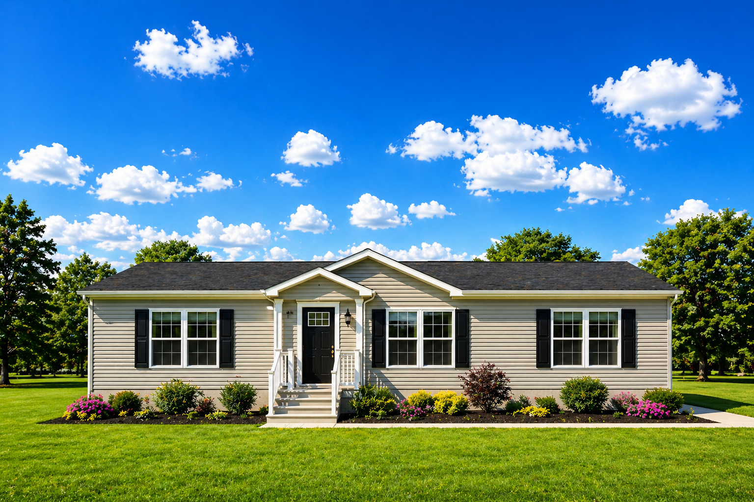 Modular ranch home with tan siding and black shutters on a green lawn under a bright blue sky, representing new home builds available near Erie PA and Northwestern Pennsylvania through Owl Homes of Fredonia