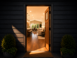Open front door of a modular home revealing a fully connected open floor plan interior with kitchen island, dining area, and living room, Owl Homes of Fredonia campus tour Fredonia NY