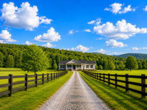 Gravel driveway leading to a new ranch modular home on a rural Pennsylvania property, green fenced pasture, wooded hillside, Northwestern Pennsylvania, Owl Homes of Fredonia