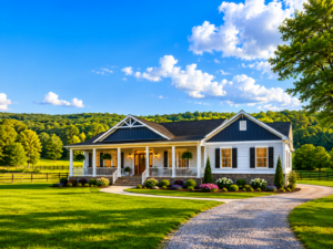 New ranch modular home with covered front porch on a rural Northwestern Pennsylvania property, vivid blue sky, rolling green hills, Owl Homes of Fredonia