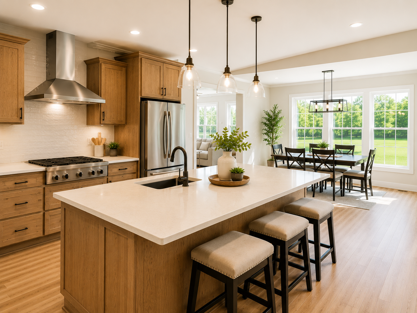 Modular home open floor plan kitchen with large white quartz island, warm wood cabinetry, stainless appliances, dining area and living room visible beyond, bright natural light, Owl Homes of Fredonia Western New York
