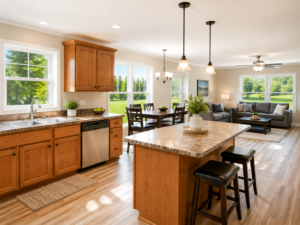 Open floor plan modular home interior showing connected kitchen, dining, and living areas, warm oak cabinetry, hardwood floors, bright natural daylight through large windows, Owl Homes of Fredonia Western New York