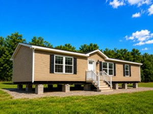 Tan ranch manufactured home set on concrete pier blocks, rural green property, vivid blue sky, professional HUD home installation, New York and Pennsylvania