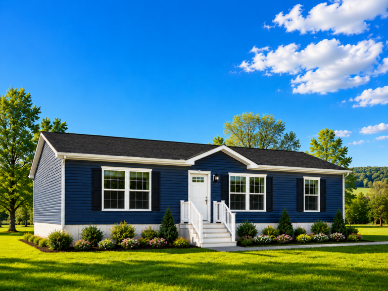 Blue ranch manufactured home on a rural Western New York lot, vivid spring daylight, professional installation, Owl Homes of Fredonia