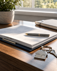 Mortgage documents and pen on a wood desk beside a house-shaped keychain, representing modular home financing