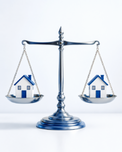 Silver balance scale weighing two small house models, illustrating the modular versus manufactured home comparison