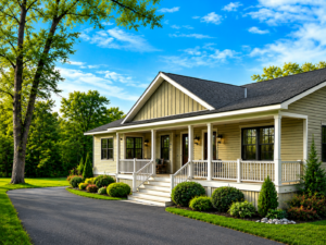 Tan ranch-style modular home with covered front porch and landscaped driveway in Western New York