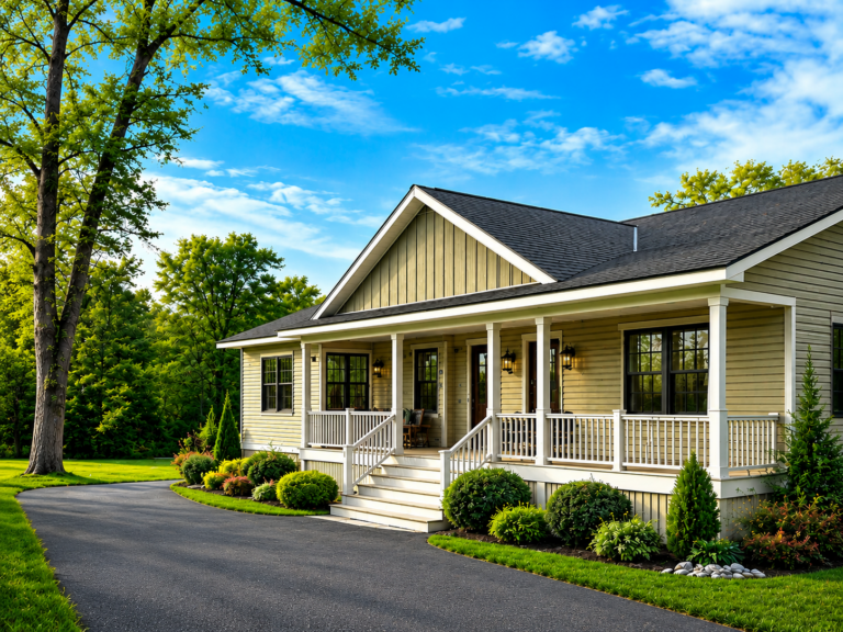 Tan ranch-style modular home with covered front porch and landscaped driveway in Western New York