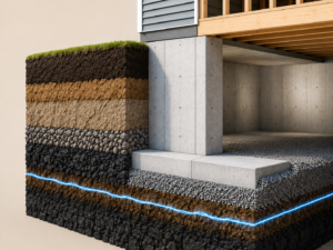 Cutaway diagram showing modular home basement foundation layers and frost line depth in Western New York