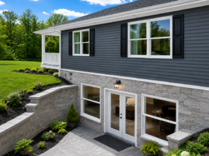 Gray ranch modular home with finished walk-out basement level, stone facade, and paver patio in Western New York
