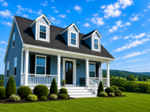 Blue Cape Cod style modular home with dormer windows and covered front porch in Northwestern Pennsylvania