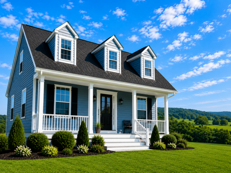 Blue Cape Cod style modular home with dormer windows and covered front porch in Northwestern Pennsylvania