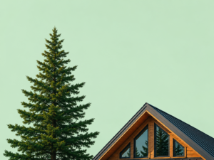 Pine tree silhouette beside a chalet-style modular home roofline against a pale green sky