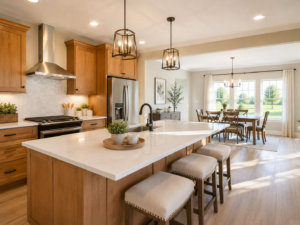 Open kitchen with white quartz island and warm wood cabinetry in an Owl Homes ranch modular home