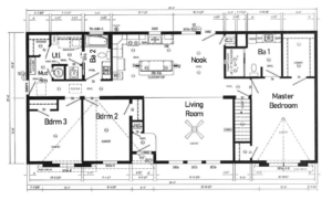 Floor plan for the Manorwood Limited 28x60 ranch modular home, showing three bedrooms, two bathrooms, kitchen, living room, and basement stairwell
