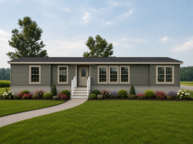 Manorwood Limited ranch style manufactured home exterior with covered front porch and landscaped lawn, available from Owl Homes of Fredonia