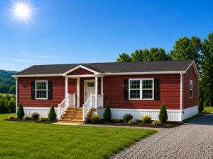 Red ranch style manufactured home with covered front porch and gravel driveway in Northwestern Pennsylvania