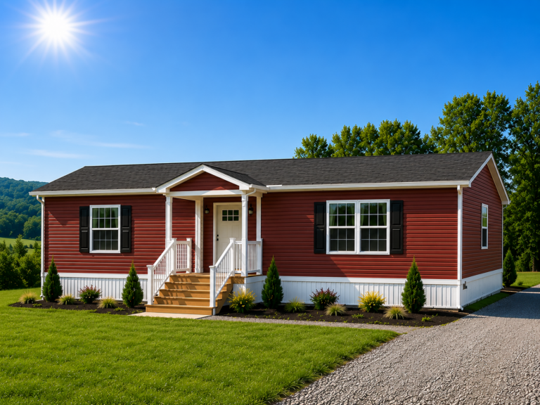 Red ranch style manufactured home with covered front porch and gravel driveway in Northwestern Pennsylvania