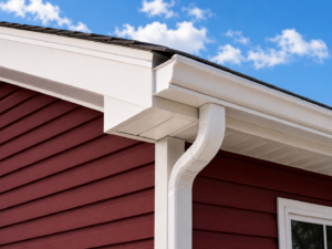 Close detail of manufactured home roofline edge and white gutter system engineered for Northwestern Pennsylvania snow load