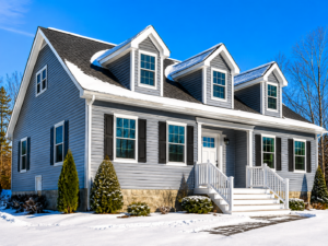 Gray Cape Cod modular home with three dormer windows and covered front porch in a snowy Northwestern Pennsylvania setting