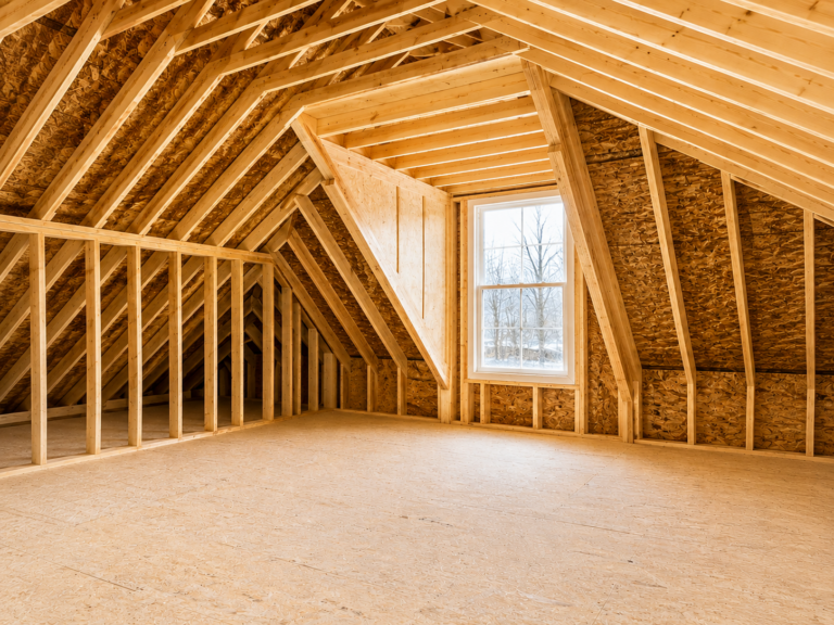 Unfinished upper floor of a Cape Cod modular home showing exposed framing and a dormer window, Northwestern Pennsylvania