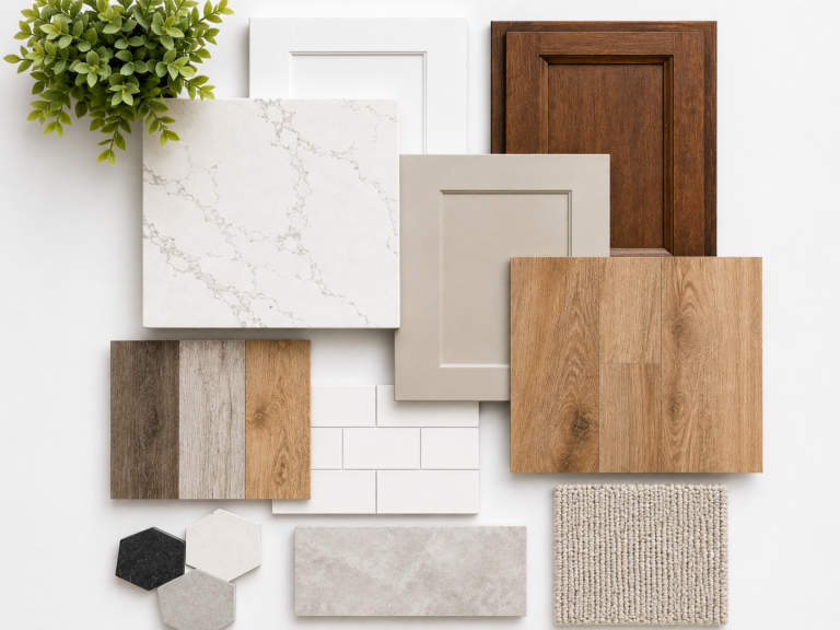 Flat lay of modular home finish samples including quartz countertop, cabinet doors, flooring, subway tile, and carpet options from Owl Homes of Fredonia