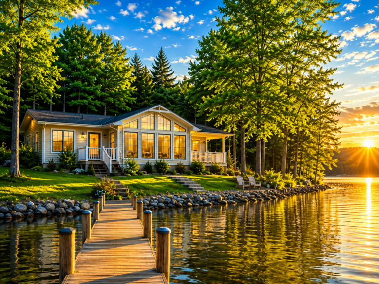 Modular home with vaulted great room windows and covered porch overlooking a wooden dock on a lake at golden hour in Crawford County PA