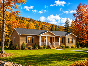 Tan ranch style modular home with covered porch and black shutters surrounded by autumn trees and a mountain backdrop in rural Crawford County PA