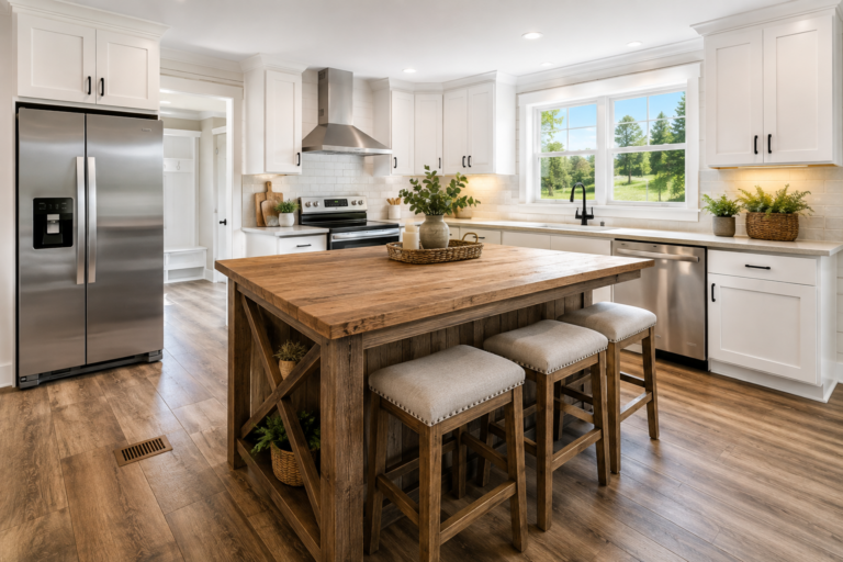 Bright modular home kitchen with white shaker cabinets, stainless steel appliances, and a reclaimed wood farmhouse island, Northwestern Pennsylvania