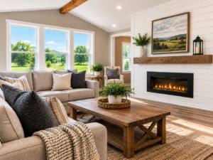 Open-concept modular home living room with shiplap fireplace wall, vaulted wood beam ceiling, and bright windows, Northwestern Pennsylvania