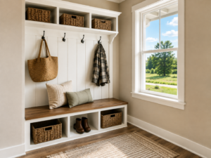 Country-style mudroom with built-in storage bench, woven baskets, and coat hooks in a modular home, Northwestern Pennsylvania