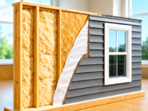 Cutaway view of a modular home wall showing fiberglass insulation, OSB sheathing, house wrap, and gray vinyl siding layers with a window installed