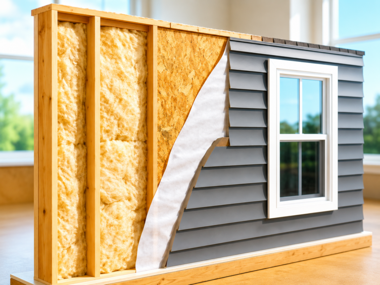 Cutaway view of a modular home wall showing fiberglass insulation, OSB sheathing, house wrap, and gray vinyl siding layers with a window installed
