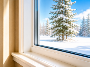 Close-up of a white window frame and sill with a snowy pine tree landscape visible through the glass, no frost buildup on the interior