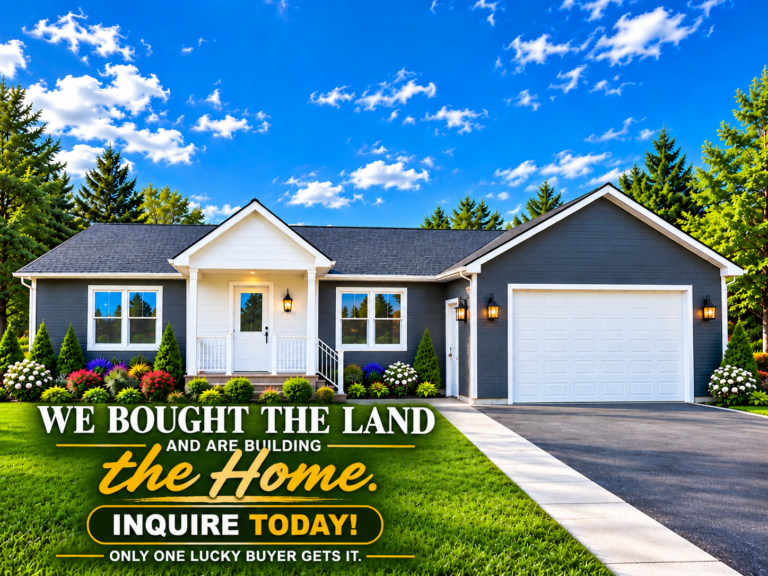 Modern slate-blue ranch home with white trim, covered front porch, attached garage, landscaped lawn, and promotional text announcing the land is purchased and the home is being built, with one buyer opportunity available.