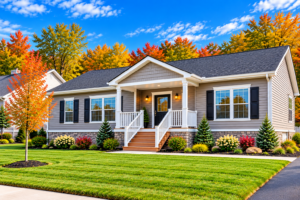 Gray modular ranch home with a covered porch, stone foundation, and wooden entry steps on an in-town lot with fall foliage