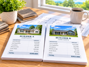 Two printed home quotes labeled Builder A and Builder B on a desk showing itemized costs for site preparation, foundation, delivery, and total project price