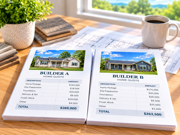 Two printed home quotes labeled Builder A and Builder B on a desk showing itemized costs for site preparation, foundation, delivery, and total project price