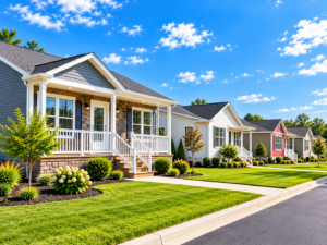 Row of finished modular homes with covered porches and landscaped front yards along a residential street