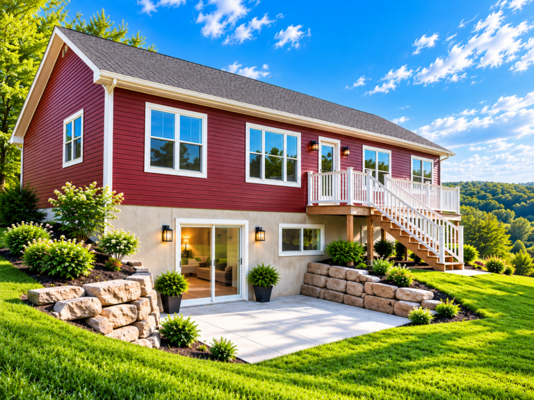 Modular home exterior showing a walkout basement with full-size door and windows exposed at grade on a sloped lot, with a deck and staircase above