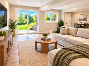 Finished walkout basement living room with a sliding glass door, daylight window, and view of a sloped backyard