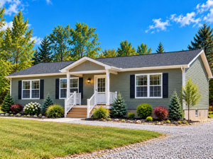 Sage green single-story ranch home with black shutters, white covered front porch, and landscaped beds, on a gravel driveway beside a mowed lawn with tall pines behind